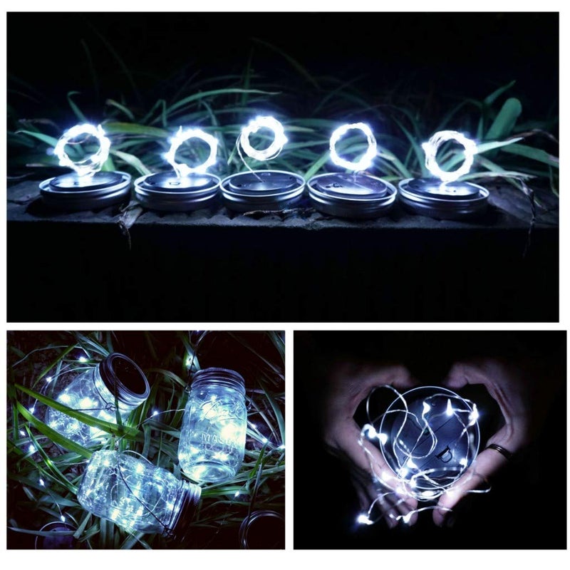 SmilingTown Solar Mason Jar Lights 10 Pack 20 LED Waterproof Outdoor Fairy Firefly String Light Lids with 10 Hangers Rust Resist for Patio Lawn Garden Wedding Lantern Decor No Jars (Cool White) - Image 4